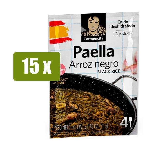 CARMENCITA 15 x Arroz negro caldo deshidratado para paella - 4 raciones(Carmencita 15 x arroz negro caldo deshidratado para paella 4 raciones) CARMENCITA 15 X Arroz Negro Caldo Deshidratado Para Paella - 4 Raciones(Carmencita 15 X Arroz Negro Caldo Deshidratado Para Paella 4 Raciones) -Mesa Del Sur