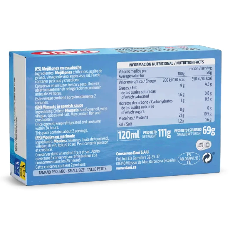 DANI Mejillones de Chile en Escabeche 69g(Dani mejillones de chile en escabeche 69g) DANI Mejillones De Chile En Escabeche 69g(Dani Mejillones De Chile En Escabeche 69g) -Mesa Del Sur dani mejillones 2