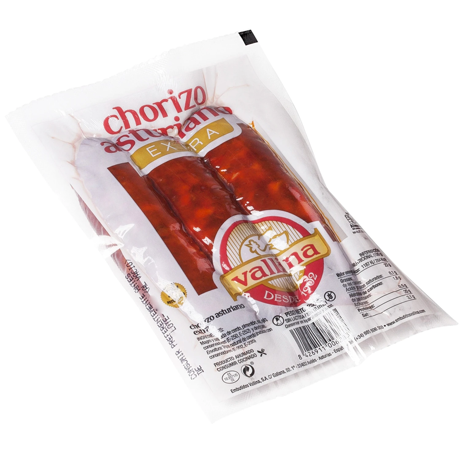 VALLINA Chorizo Extra Asturiano Ahumado 250g(Vallina chorizo asturiano ahumado sin lactosa ni gluten) VALLINA Chorizo Extra Asturiano Ahumado 250g(Vallina Chorizo Asturiano Ahumado Sin Lactosa Ni Gluten) -Mesa Del Sur vallina 1